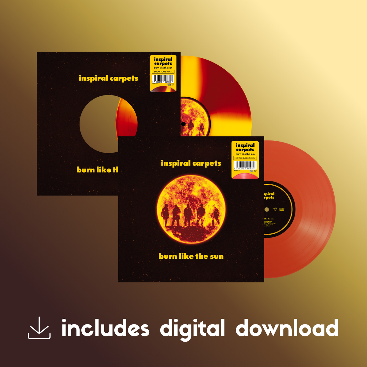 Inspiral Carpets - 'Burn Like The Sun' - Cornetto 'Solar Flare' Vinyl + Red Translucent Vinyl + Digital Download