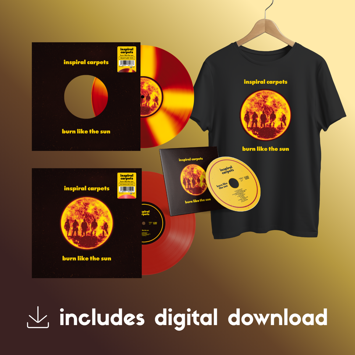 Inspiral Carpets - 'Burn Like The Sun' - Cornetto 'Solar Flare' Vinyl + Red Translucent Vinyl + CD + Album Tee + Digital Download