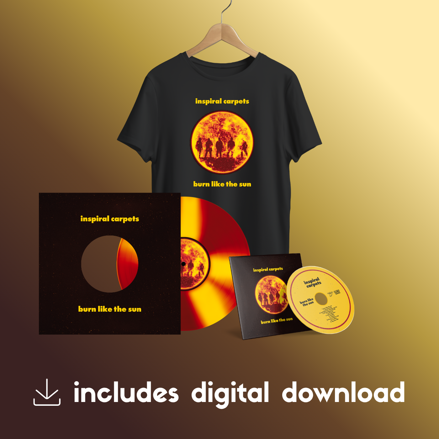 Inspiral Carpets - 'Burn Like The Sun' - Cornetto 'Solar Flare' Vinyl + CD + Album Tee + Digital Download